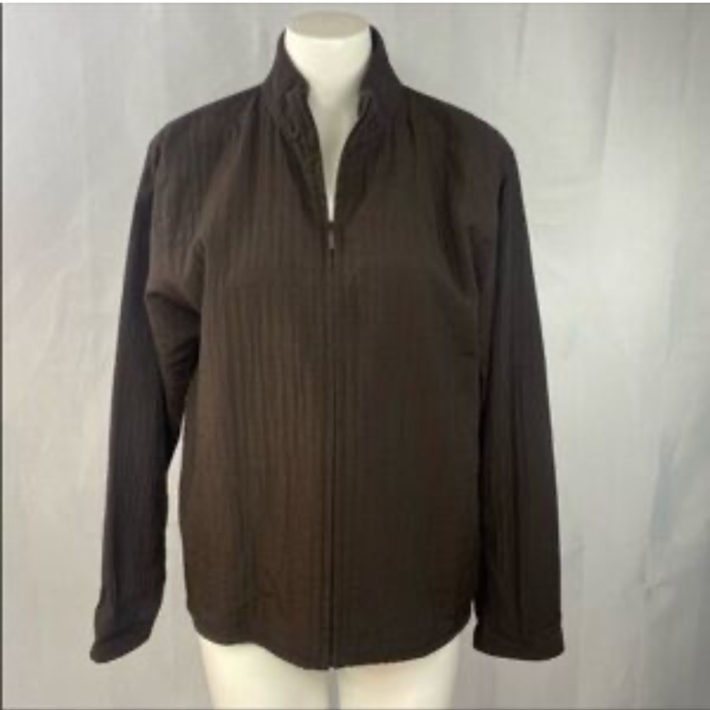 Eileen Fisher Boxy Zipper Jacket Brown Lagenlook Stand Collar Midweight USA-L